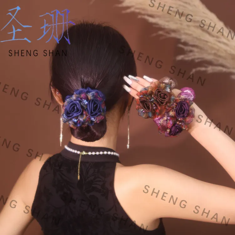 网红同款气质布艺双花大肠圈发圈高弹力丸子头盘发百搭头绳头饰