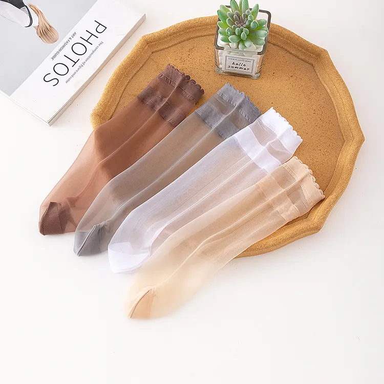 舒适蚕丝袜女肉色宽口木耳花边可爱日系超薄款玻璃丝夏天透明短袜