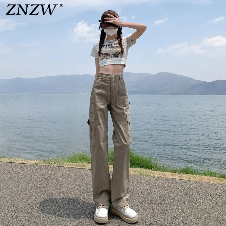 卡其色工装裤女春秋新款直筒窄版阔腿裤高腰显瘦宽松百搭休闲长裤