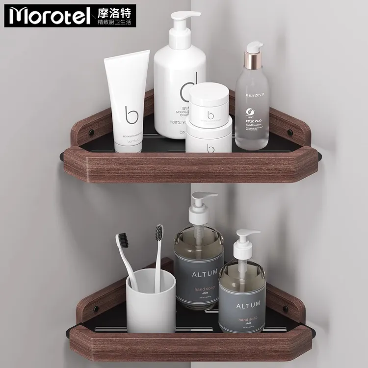 Morotel/摩洛特置物架卫生间浴室三角壁挂黑胡桃木拐角免打孔角架