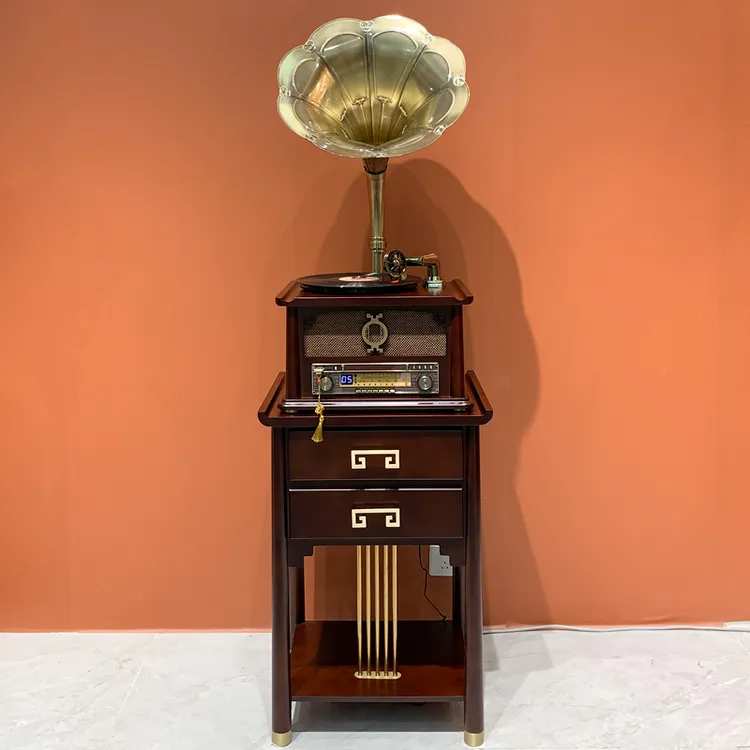 复古新中式产品实木留声机黄铜黑胶唱片机仿古大喇叭多功能电唱机