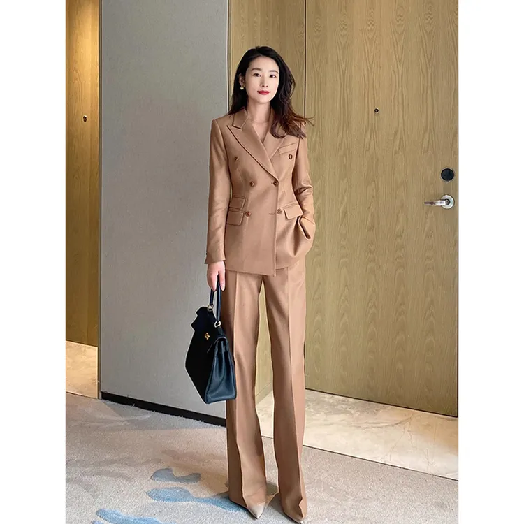 高级感驼色秋冬高档干练职业正装OL通勤修身西装套装女长裤两件套