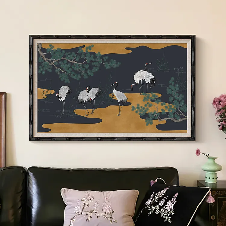 六鹤图法式中国风客厅装饰画新中式书房卧室壁画玄关复古茶室挂画