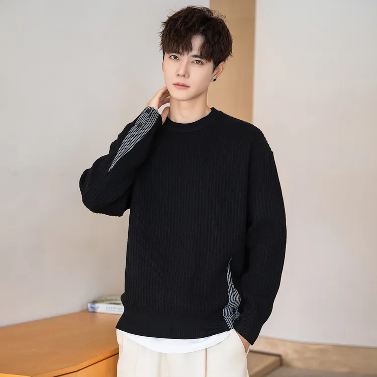2025秋冬新款爆款男圆领针织衫轻奢高级感休闲黑色套头内搭打底衫