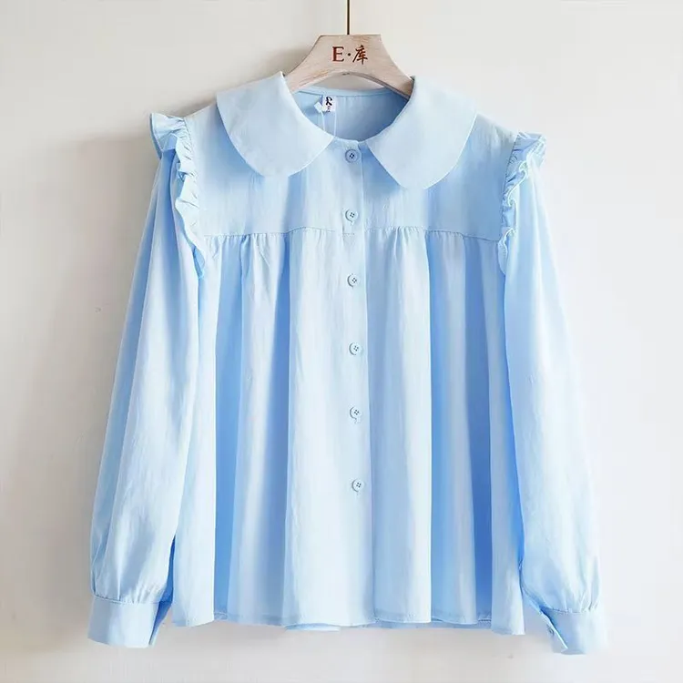 女童衬衣长袖春秋款中大儿童娃娃领衬衫纯棉学生洋气百搭上衣纯色
