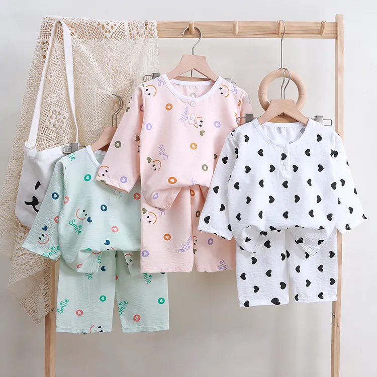 新款儿童家居服男女童云朵棉睡衣空调服套装九分袖九分裤两件套装