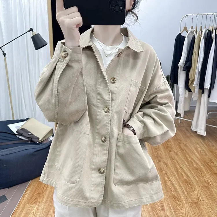 时尚小个子西装领斜纹棉薄款外套女百搭上衣春秋新款纯棉宽松夹克