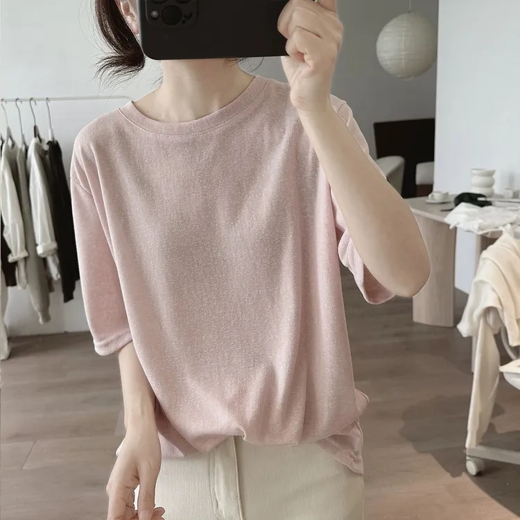 竹节棉夏季圆领t恤女薄款宽松显瘦韩版时髦短袖打底衫简约上衣