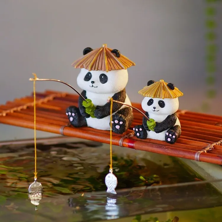 鱼缸边熊猫钓鱼假山流水微景观造景生态古法乌龟缸草缸装饰品摆件