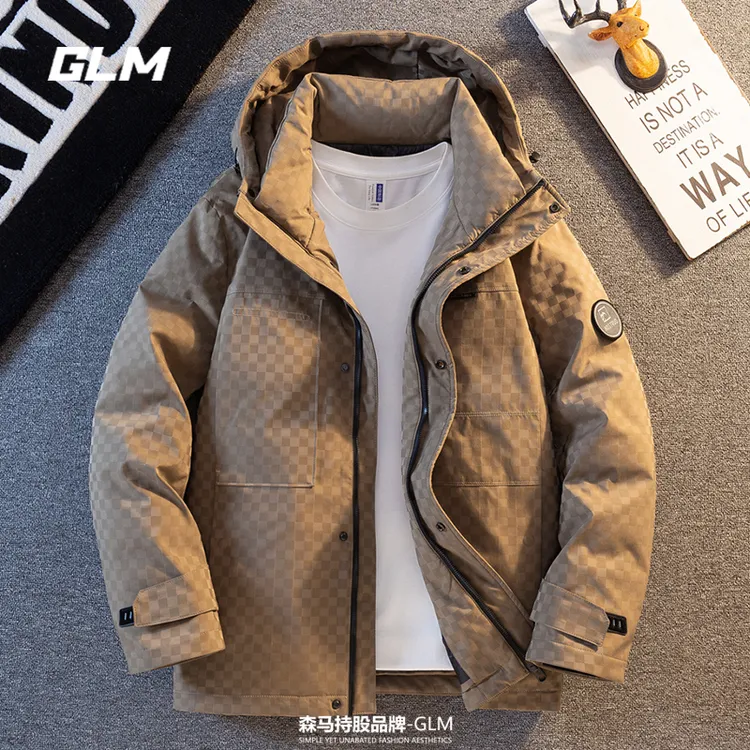GLM秋冬季90白鸭绒冲锋羽绒服外套连帽保暖休闲中长款面包服 男