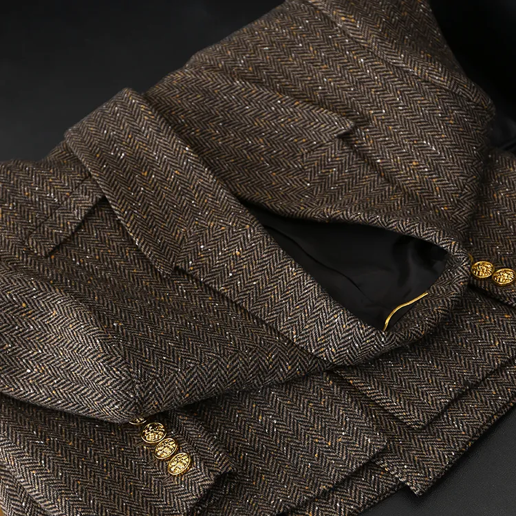 淘么淘奢贵纯羊毛人字纹垫肩长袖气质西装外套女2023新款秋季时尚