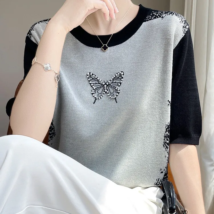 气质优雅时尚烫钻蝴蝶针织短袖T恤女拼色提花设计上衣T恤