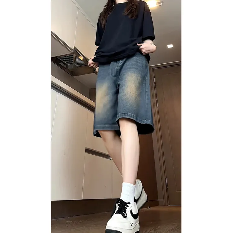 美式复古水洗做旧牛仔短裤男士夏季百搭宽松休闲裤直筒高街五分裤