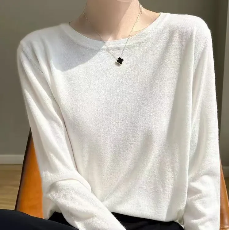 【CHEN.BAO】超细精纺羊毛针织衫女圆领宽松薄款春秋冬长袖打底上衣