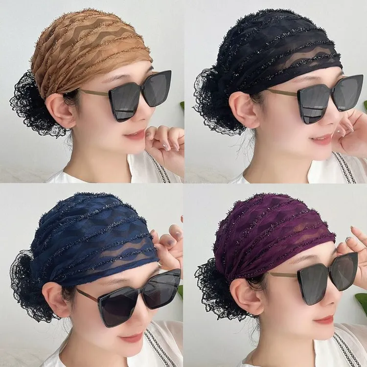 春夏复古镂空蕾丝头巾帽时尚洋气套头帽子薄款透气遮白发包头帽子