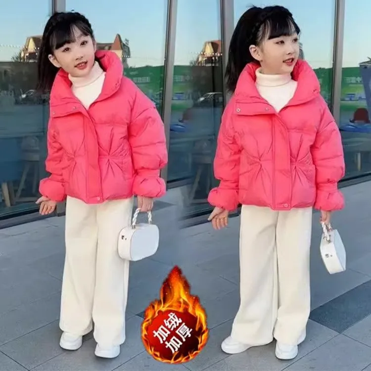 女童棉服套装冬季加厚保暖羽绒棉衣糖果色衣服加绒阔腿裤两件套潮