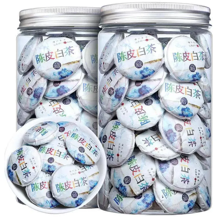 浓香型陈皮白茶新会陈皮高山老白茶寿眉陈皮老白茶小茶饼罐装250g