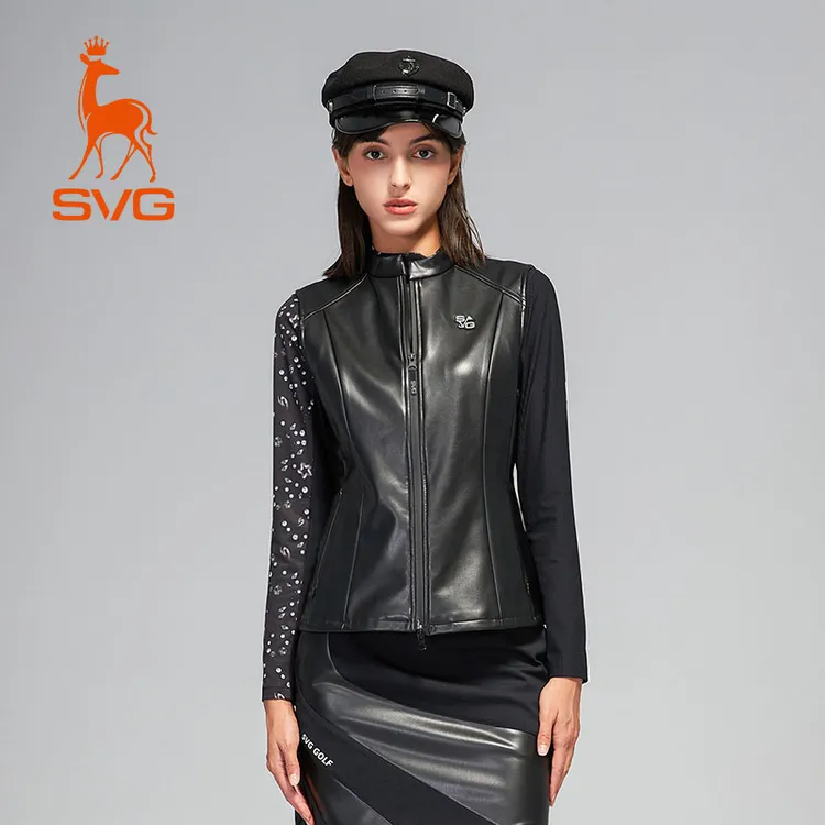 svg高尔夫24秋冬新款女装简约黑色皮马甲拉链小立领背心运动上衣