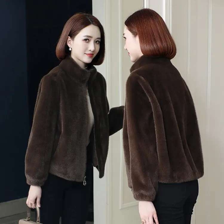 女立领短款欧貂绒新款皮毛一体保暖秋冬欧若风百搭修身洋气短外套