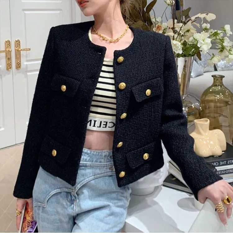 AL小香风外套女春秋新款单排扣粗花呢短款百搭外穿开衫长袖上衣