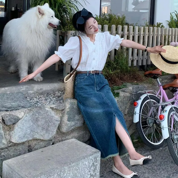 2024新款夏季衬衫韩版简约衬衣上衣搭配气质时尚百搭牛仔半身裙
