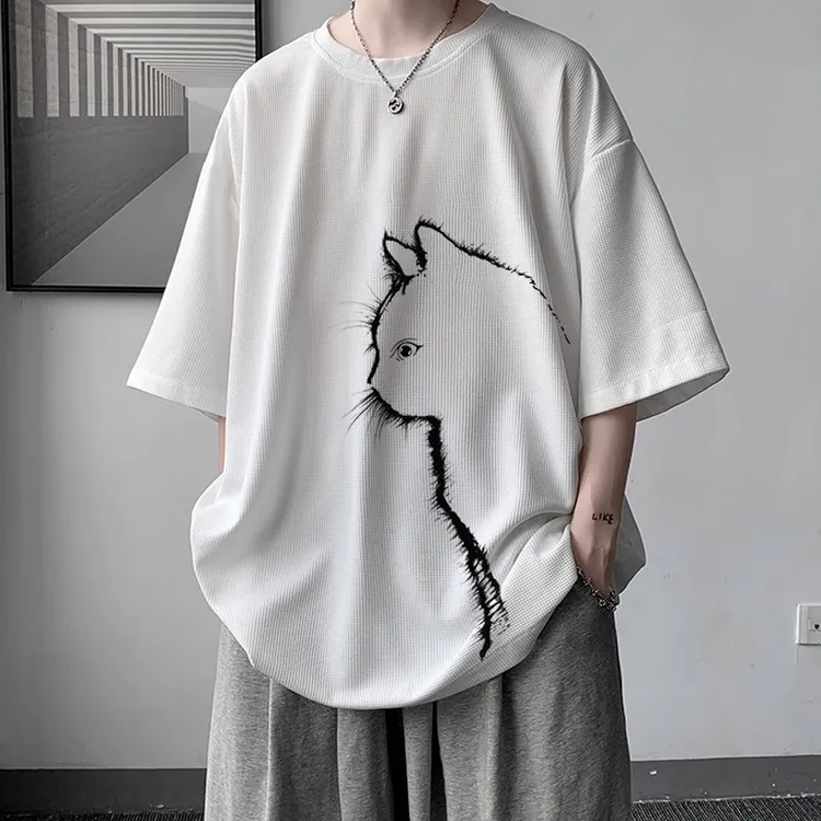 设计感小众oversize短袖男夏季潮牌男生重磅华夫格休闲宽松T恤男