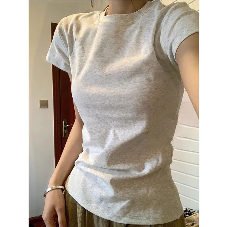基础款纯色正肩短袖t恤女夏季修身显瘦微胖短款百搭上衣不露肚脐 