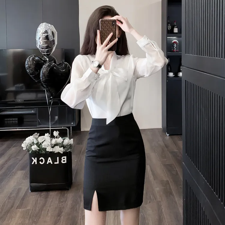 短袖雪纺白衬衫夏款前台美容师穿搭工作服职业气质女套装包裙夏