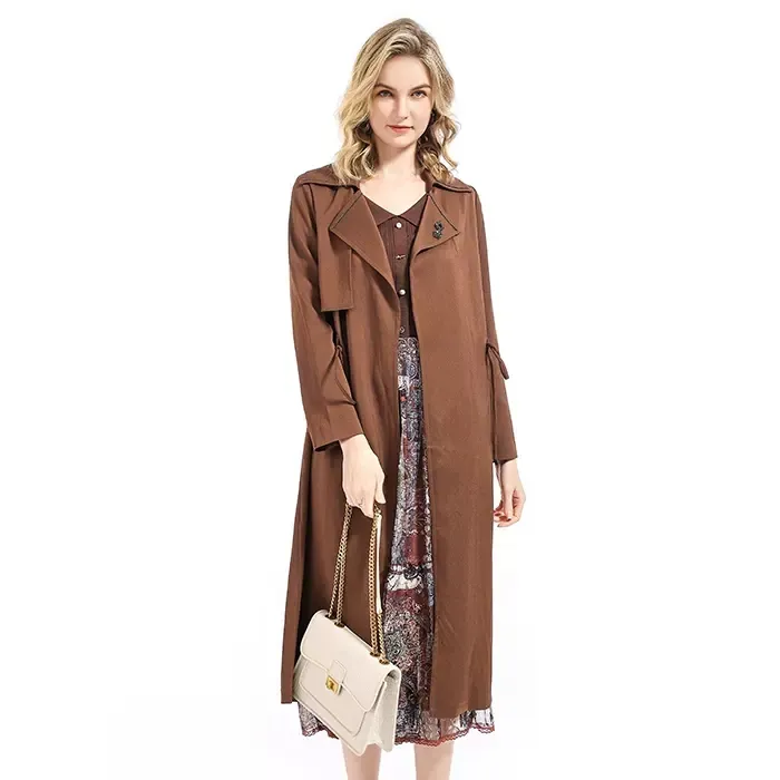 声雨竹秋季时尚经典气质纯色西装领中长款风衣外套