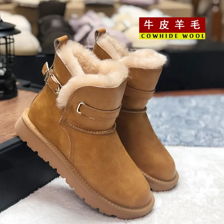 冬季保暖中筒原皮原毛雪地靴女士光面皮防滑耐磨加厚防泼水棉鞋潮