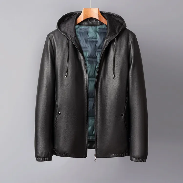 919-E 牛皮鹅绒服海宁头层真皮皮衣男士短款休闲连帽夹克外套