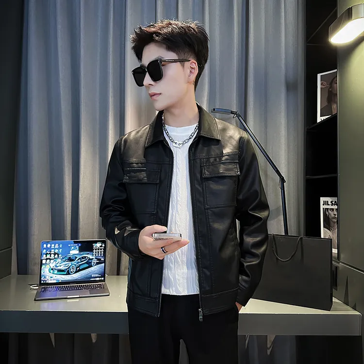 2025黑色皮衣男士修身短款皮夹克秋冬小码男装轻薄款商务翻领外套