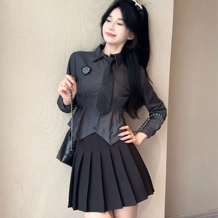 jk制服学院风套装春秋辣妹纯欲灰色显瘦收腰女长袖衬衫百搭百褶裙
