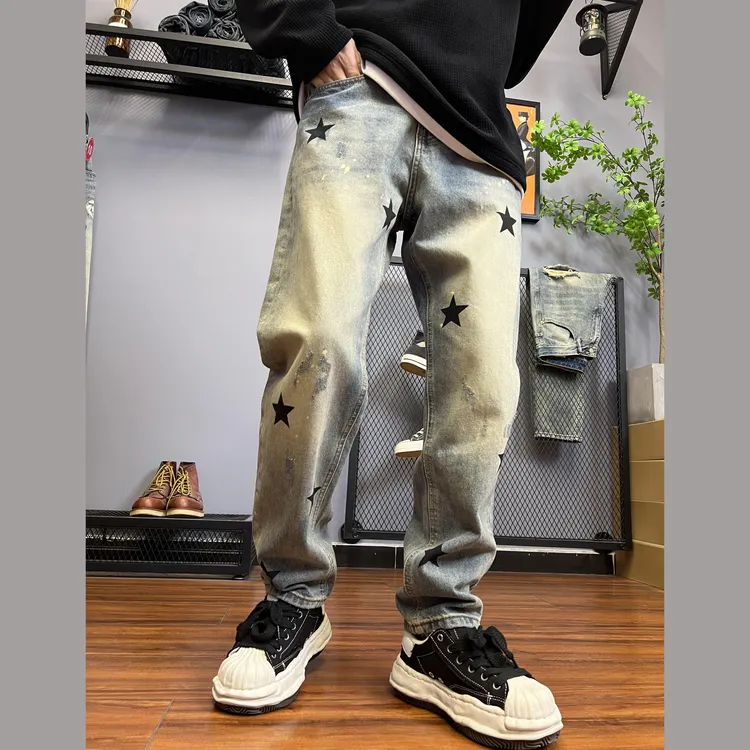 复古水洗星星直筒黄泥色牛仔裤男做旧宽松高街百搭长裤5653