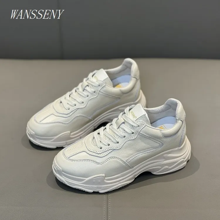 WANSSENY厚底老爹鞋女2025新款休闲运动鞋真皮小白鞋时尚旅游鞋子