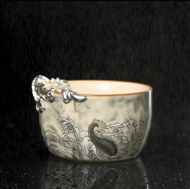 镶银隐龙银龙汝窑普洱茶茶杯个人专用主人高档功夫品茗杯手绘陶瓷