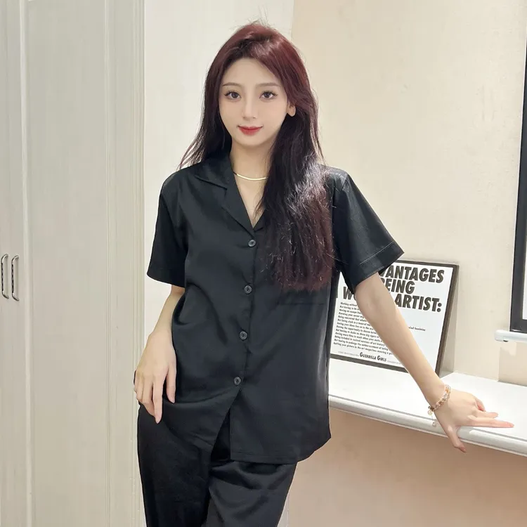 夏季轻奢冰丝睡衣女款黑色薄款短袖长裤套装简约高级感宽松家居服