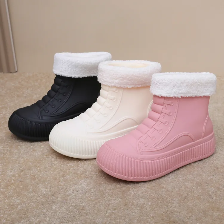 一体固定绒雨鞋女款时尚冬季雨靴加绒加厚保暖防水鞋厚底胶鞋防滑