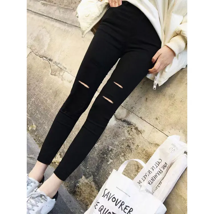 小个子九分裤女夏薄款外穿破洞小脚裤矮个子黑色显瘦打底裤2025