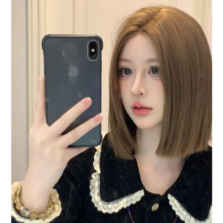 椰子专属-蜜茶色假发女小额蕾丝短发一刀切中分日常全头套