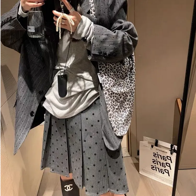 miu式穿搭~两面穿百褶波点半身裙女2025春季新款时髦灰色A字中裙