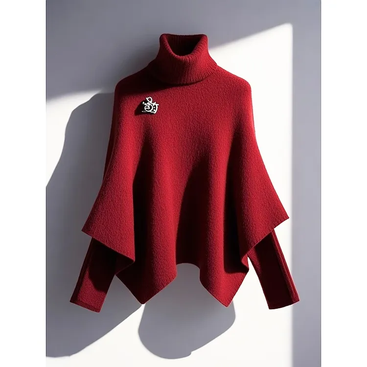 「红人上新」2024年冬针织衫慵懒高级感跨年圣诞红色假两件斗篷毛衣