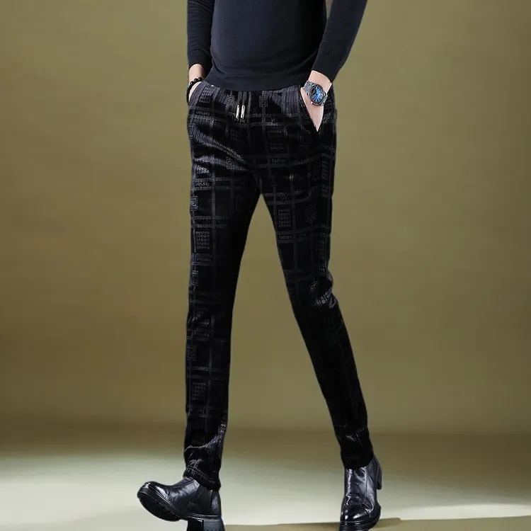 冬季新款灯芯绒男裤高级感金丝绒修身男士休闲裤潮牌保暖男裤西裤