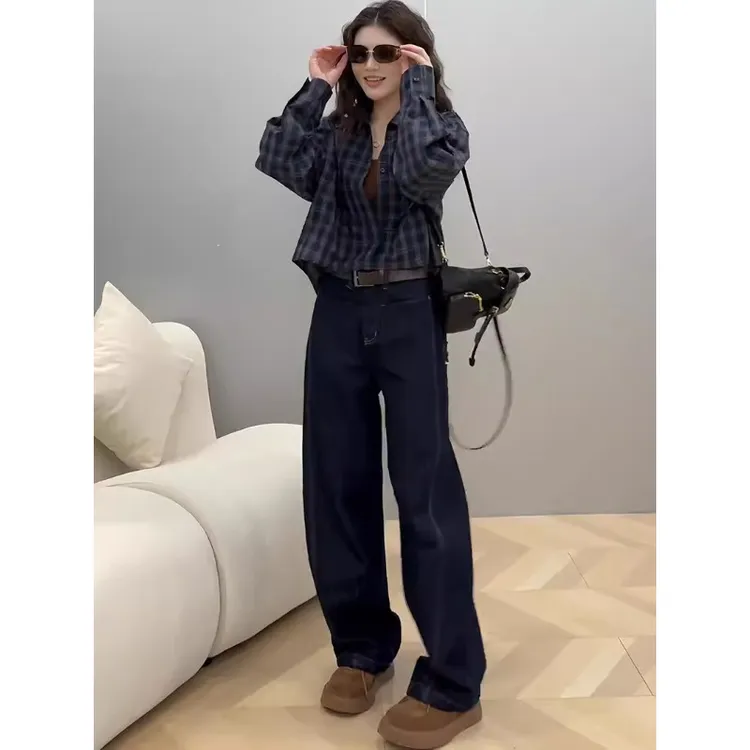 春季套装女装2025新款小众设计宽松格子衬衫牛仔裤盐系轻熟两件套