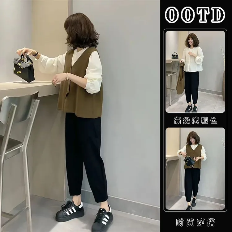 初秋季新款女装显瘦遮肉套装小个子减龄洋气时尚韩剧穿搭三件套秋