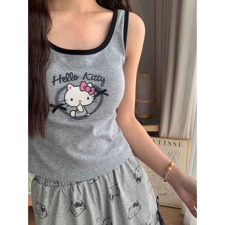 【带胸垫】韩版ins风夏季睡衣女可爱少女背心短裤家居休闲套装·背