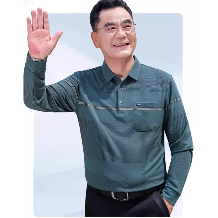 中老年男装丝光棉条纹长袖t恤中年爸爸春秋薄款休闲POLO衫男上衣