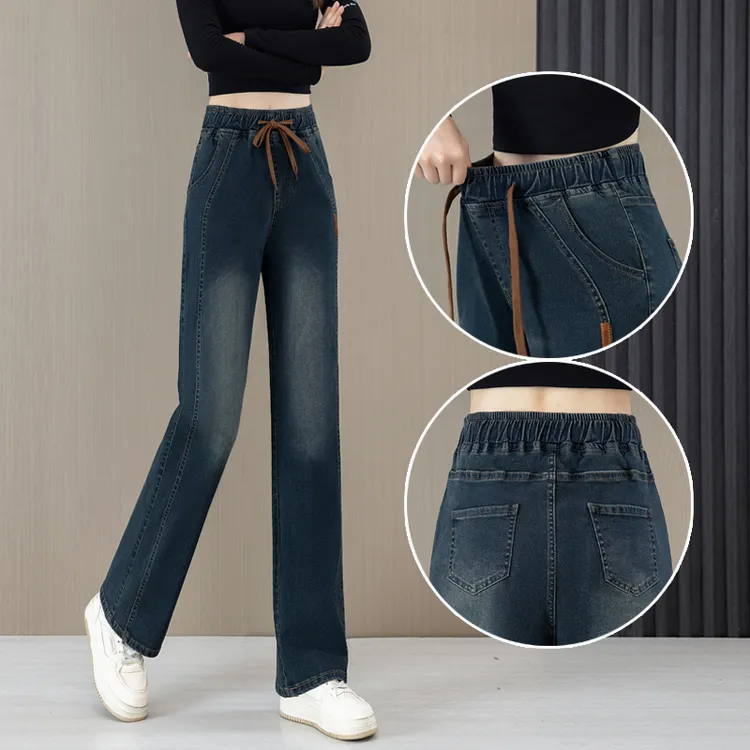 拼接窄版直筒牛仔裤女爆款2025年新款松紧腰高腰显瘦春季大码裤子