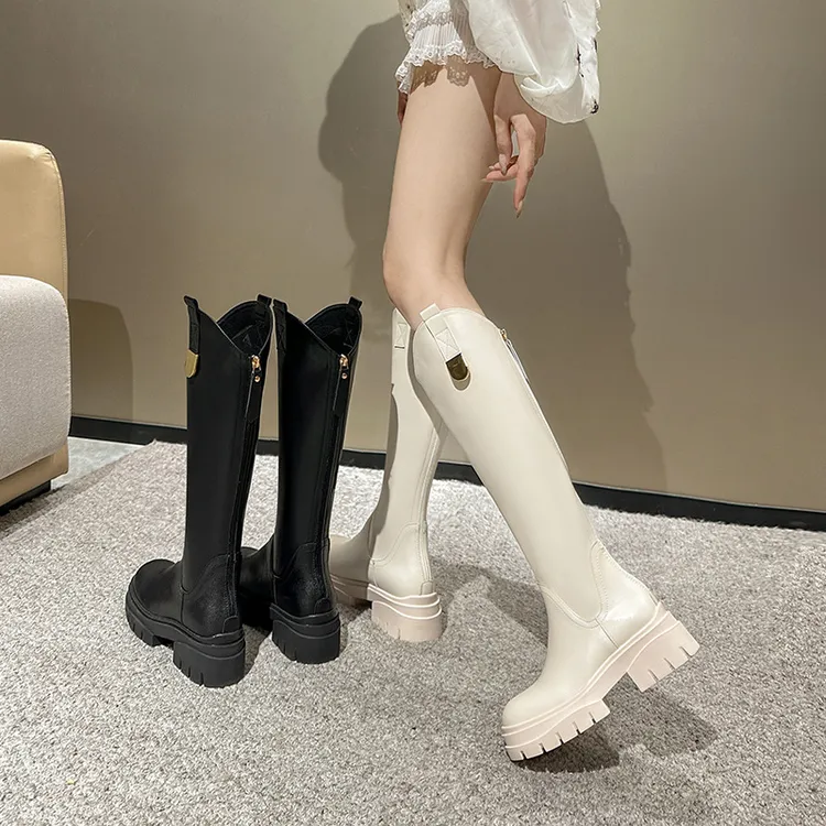 牛皮版~加肥加宽秋冬季新款V口长筒靴女粗跟高跟加绒骑士靴长靴子