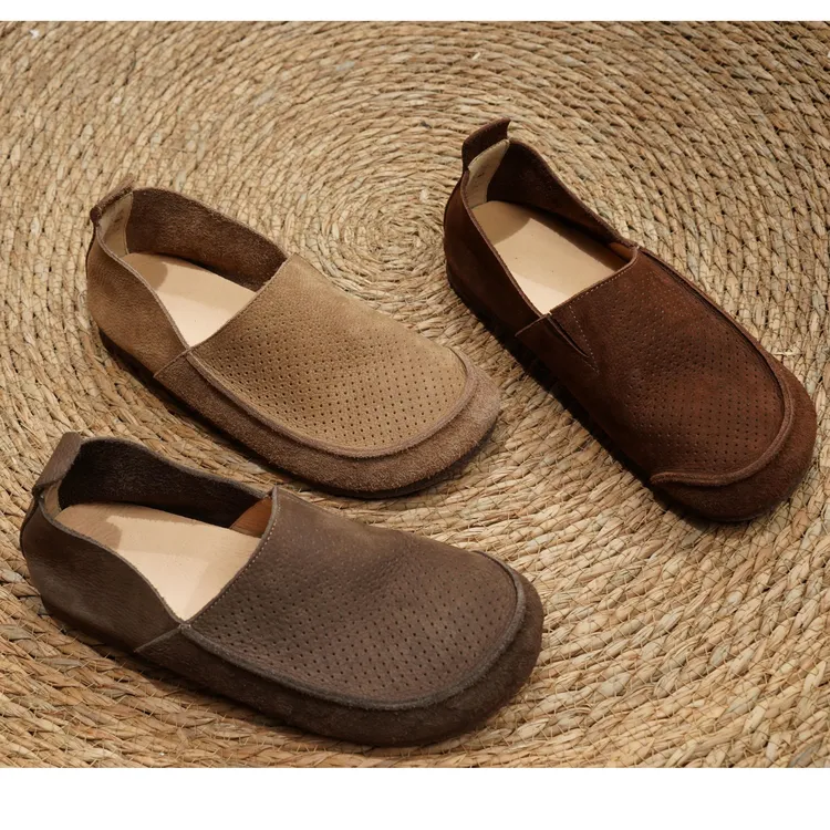 新款百搭男士头层牛皮夏季镂空圆头套脚豆豆鞋软底软面9988-1